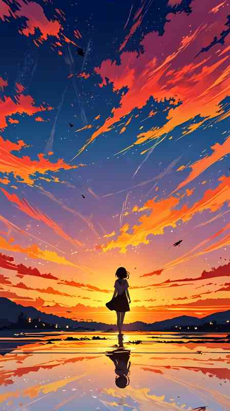 Anime character watching a vibrant sunset with reflections on water.