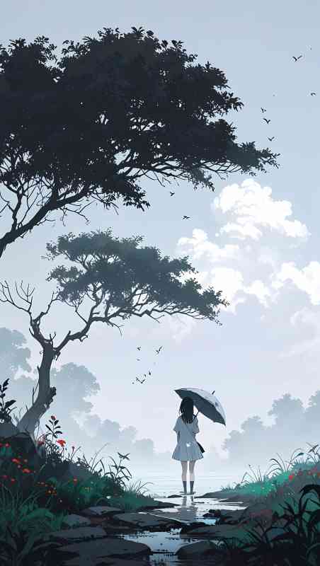 Anime-style illustration of person with umbrella standing in misty nature scene with trees and water
