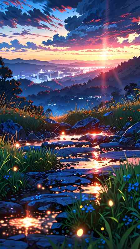 Anime nature wallpaper of a sunset over a stream with glowing reflections.