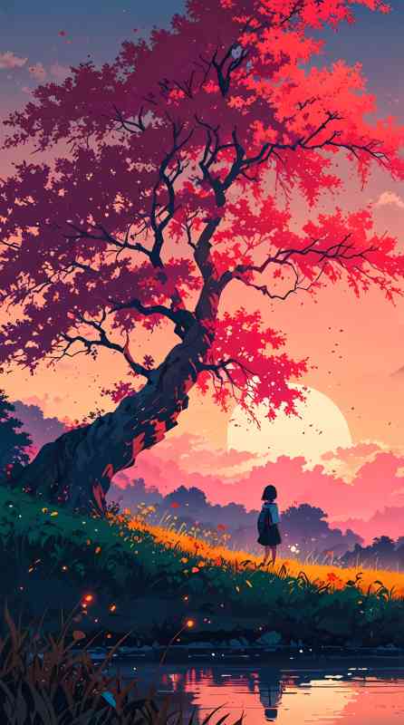 Anime sunset wallpaper with a girl standing under a red maple tree by a river.