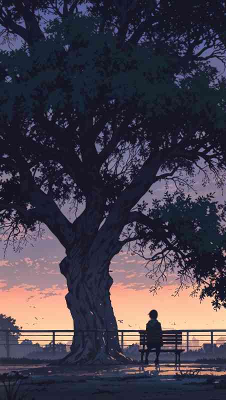 Anime character sitting on a bench under a tree at sunset.