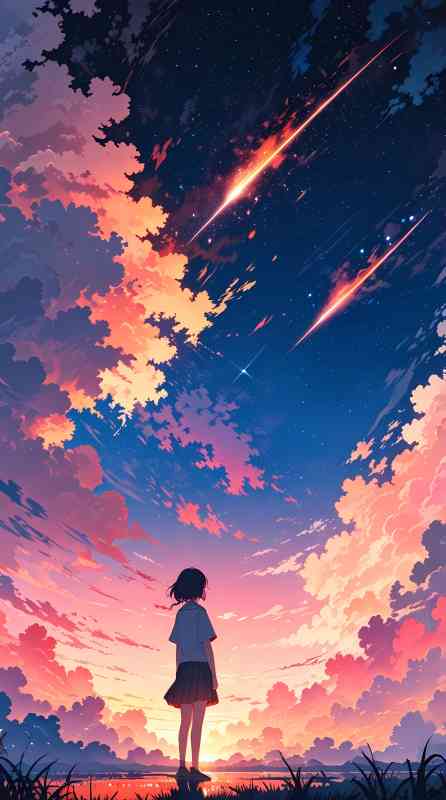 Anime girl watching a meteor shower at twilight with a colorful sky.