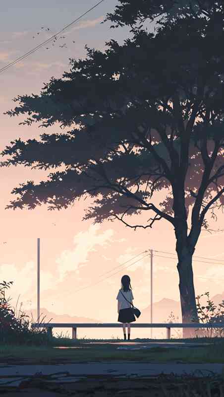 Anime-style illustration of girl silhouette watching sunset behind tree and power lines in suburban setting