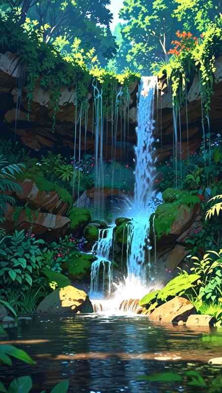 8K Ultra HD anime nature wallpaper of a waterfall in a lush green forest.