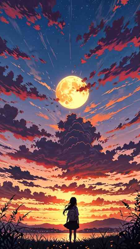 Anime-style illustration of girl silhouette watching large moon and colorful sunset over water and mountains