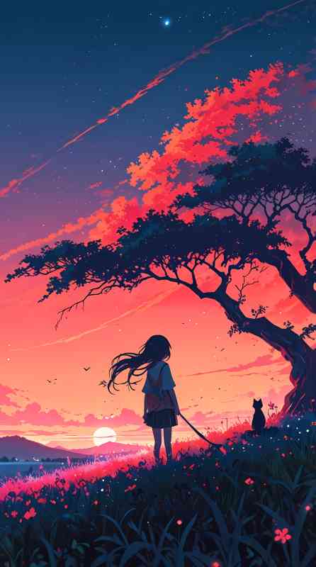 Anime-style illustration of girl and cat silhouette watching sunset under red tree
